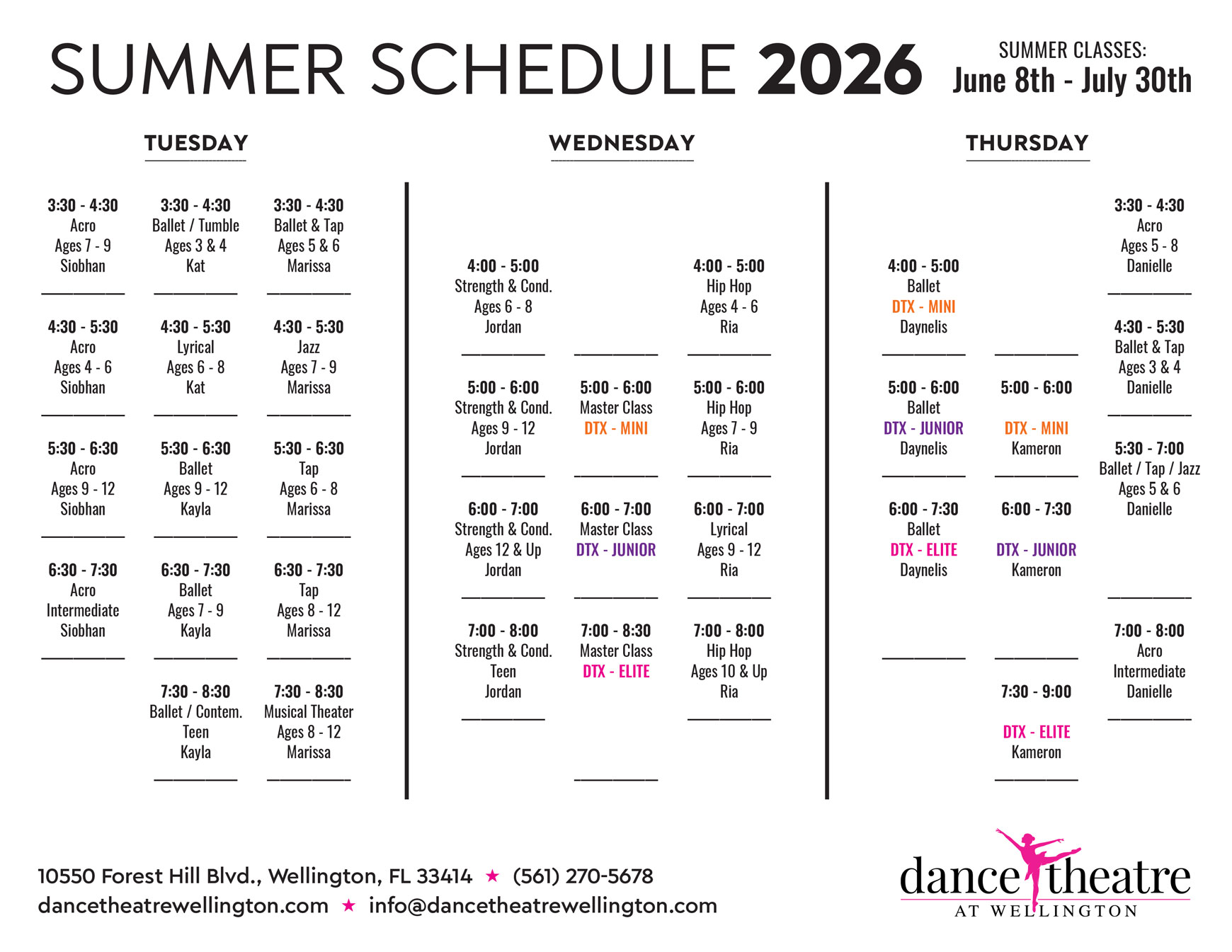 Dance Theatre at Wellington 2026 Summer Schedule