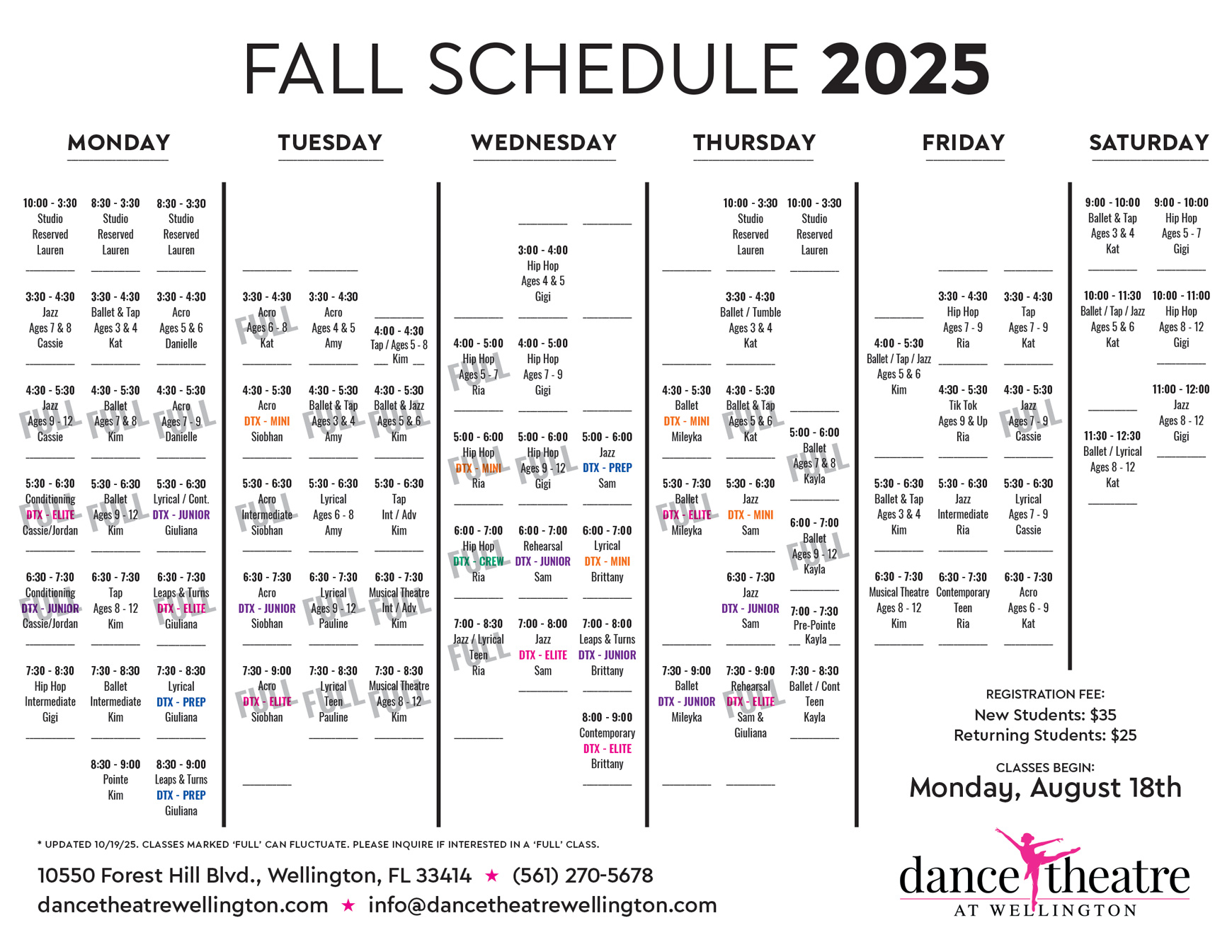 Dance Theatre at Wellington 2025/2026 Fall Schedule